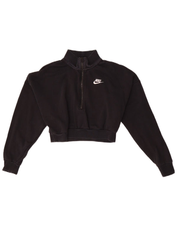 Nike Womens Oversized Crop Zip Neck Sweatshirt Jumper UK 6 XS Black Cotton