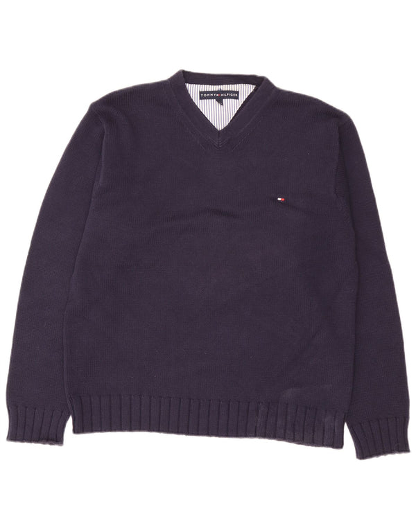 Tommy Hilfiger Mens V-Neck Jumper Sweater Small Navy Blue Cotton