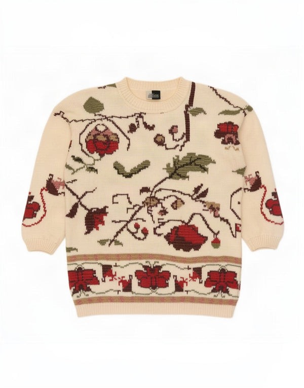 Pulover vintage pentru femei cu decolteu rotund din bumbac floral mare, bej, Marea Britanie 14/16