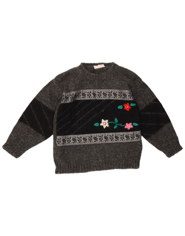 Vintage Womens Crew Neck Jumper Sweater UK 10 Small Grey Floral