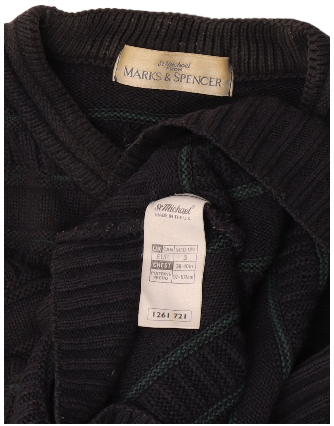 Marks & Spencer Mens Crew Neck Jumper Sweater Medium Black Striped Acrylic