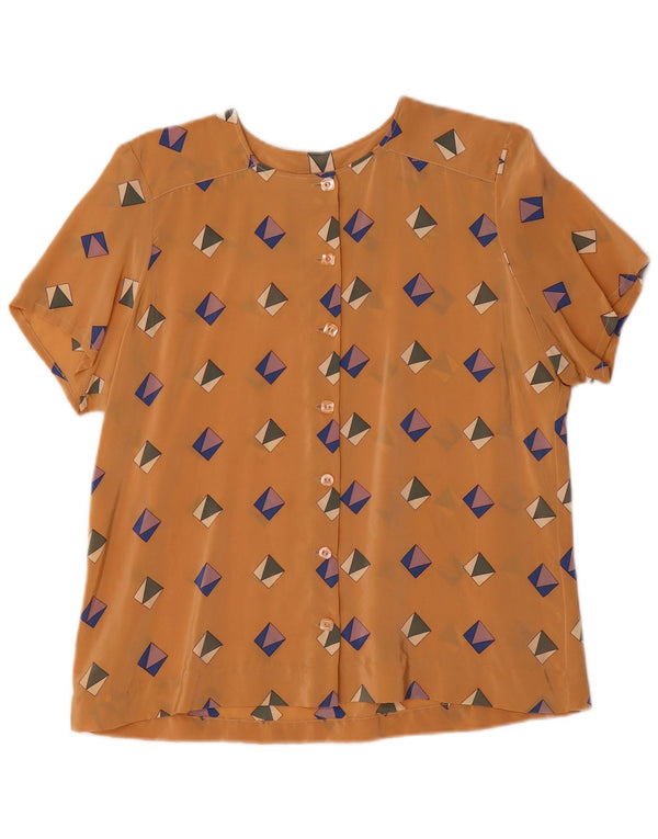 Vintage Damen Kurzarm-Hemdbluse UK 16 Groß Braun Geometrisch
