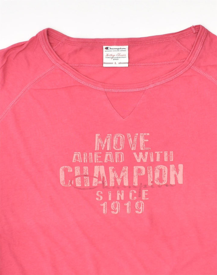 CHAMPION Womens Graphic T-Shirt Top UK 16 Large Pink Cotton | Vintage Champion | Thrift | Second-Hand Champion | Used Clothing | Messina Hembry 
