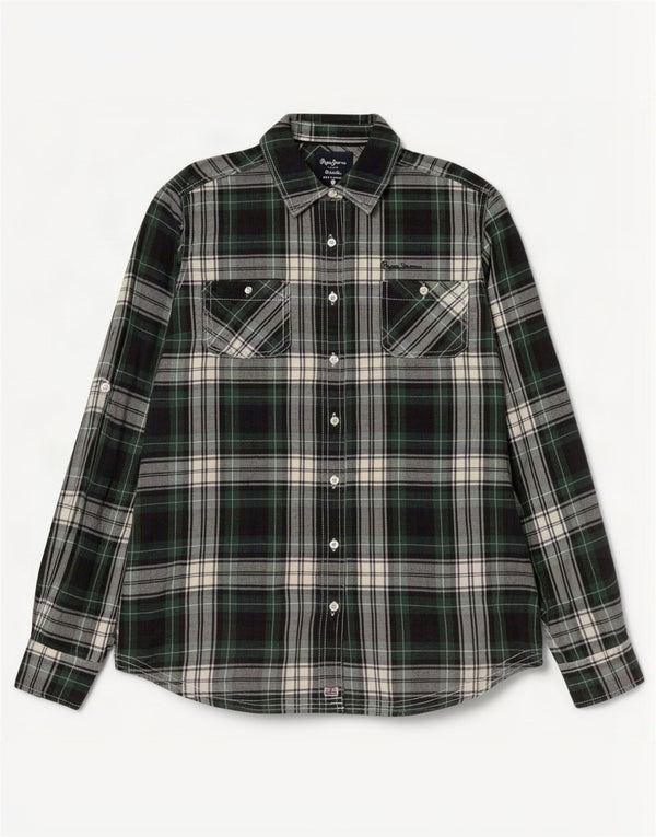 PEPE Jeans Womens Flannel Shirt UK 14 Medium Green Check Cotton