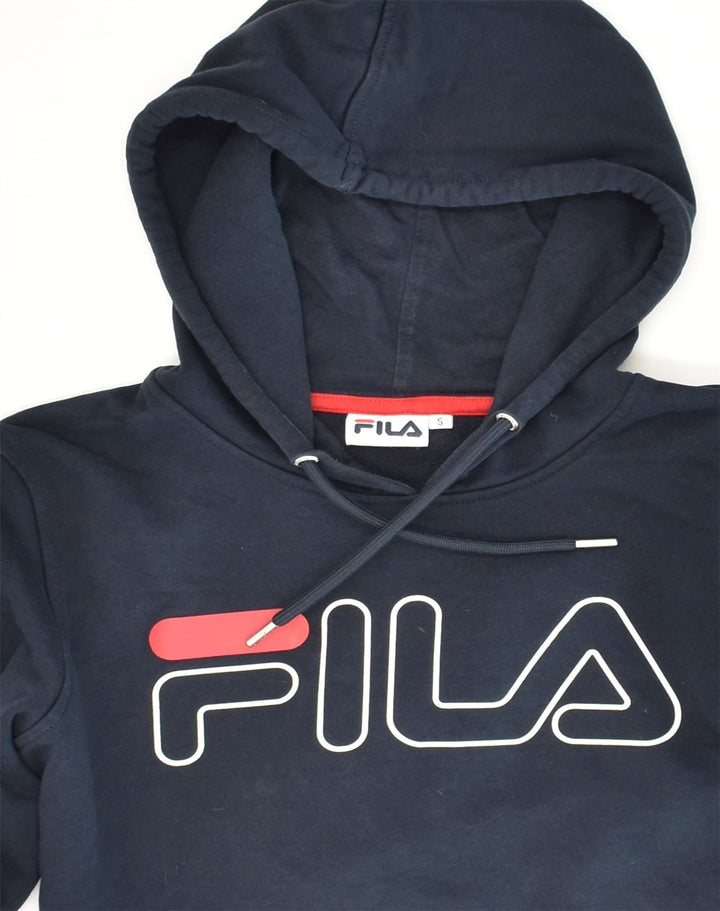 FILA Womens Graphic Crop Hoodie Jumper UK 10 Small Navy Blue Cotton | Vintage Fila | Thrift | Second-Hand Fila | Used Clothing | Messina Hembry 