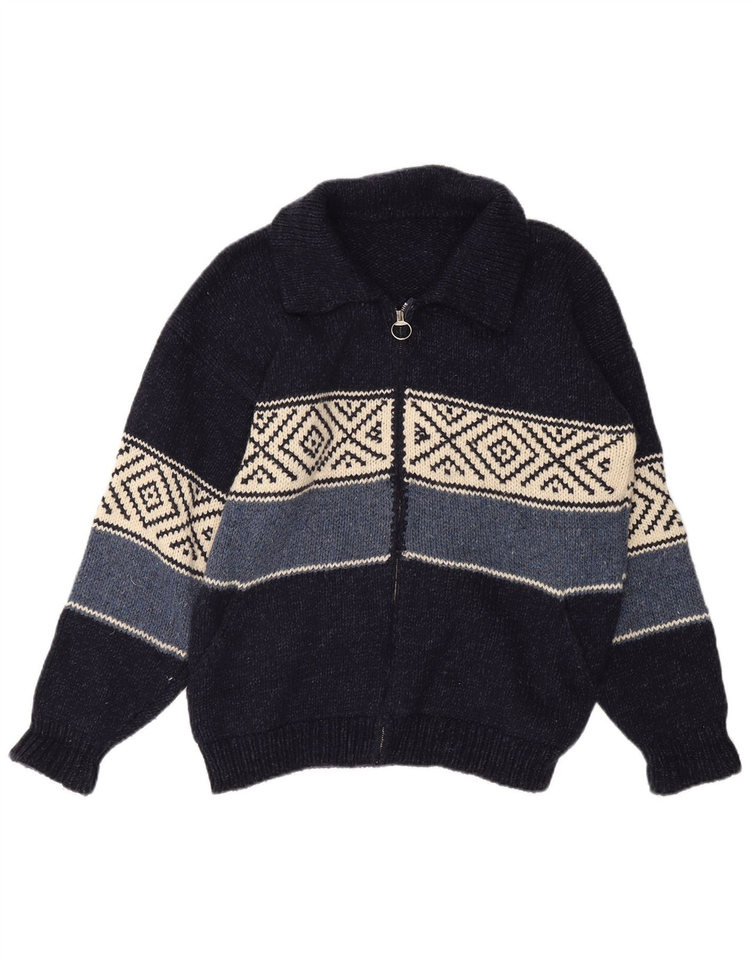VINTAGE Mens Cardigan Sweater Large Navy Blue Argyle/Diamond