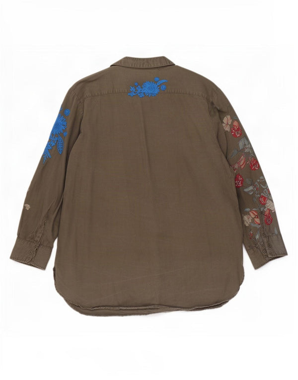 Desigual Donna Camicia Manica a 3/4 Camicetta UK 20 2XL Khaki Floral Lyocell