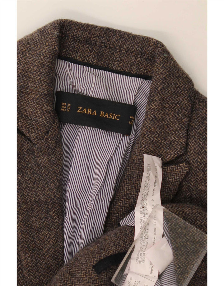 Zara Womens 1 Button Blazer Jacket UK 6 XS Brown Herringbone