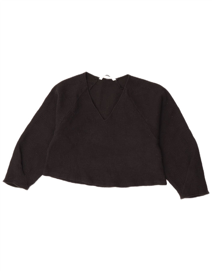 Zara Womens Crop 3/4 Sleeve Blouse Top UK 12 Medium Black Wool