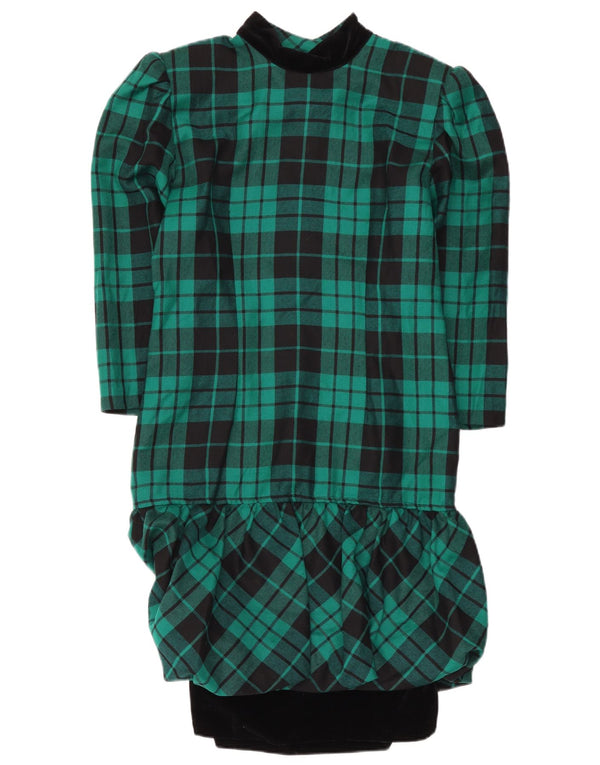 Vintage Dame Langærmet Peplum Kjole UK 12 Medium Green Check Wool
