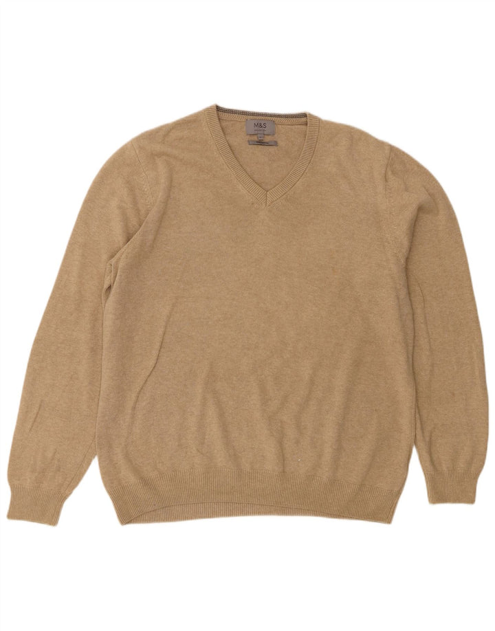 Marks & Spencer Mens V-Neck Jumper Sweater Large Beige Cotton