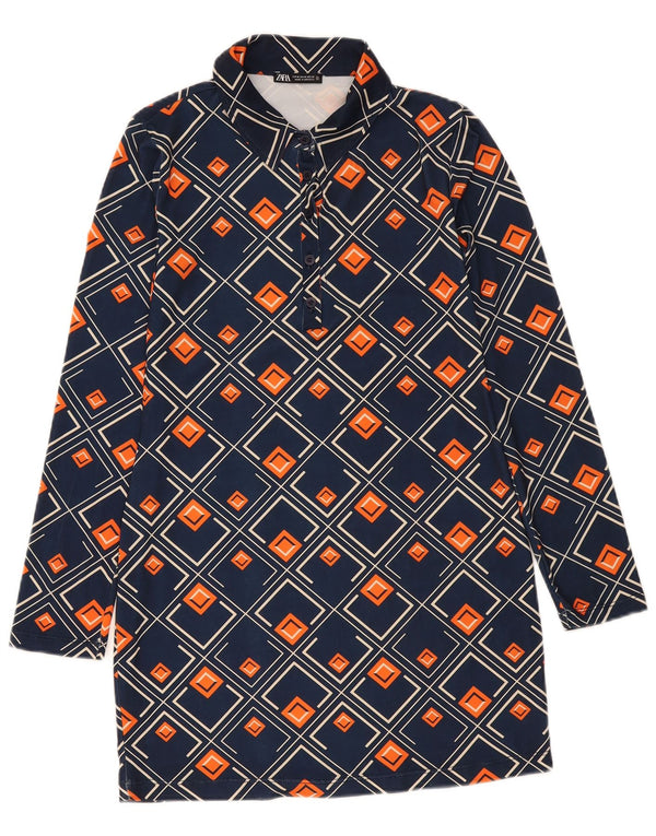 Zara Damen Pullover-Hemdkleid UK 12 Medium Navy Blue Geometrisch