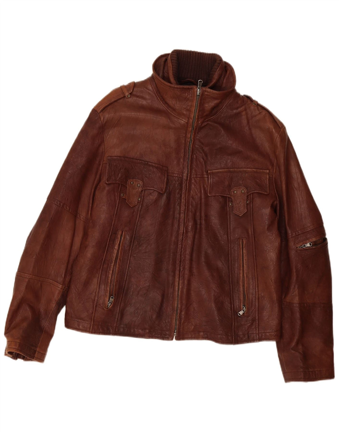 Vintage Mens Military Leather Jacket UK 40 Large Brown Leather