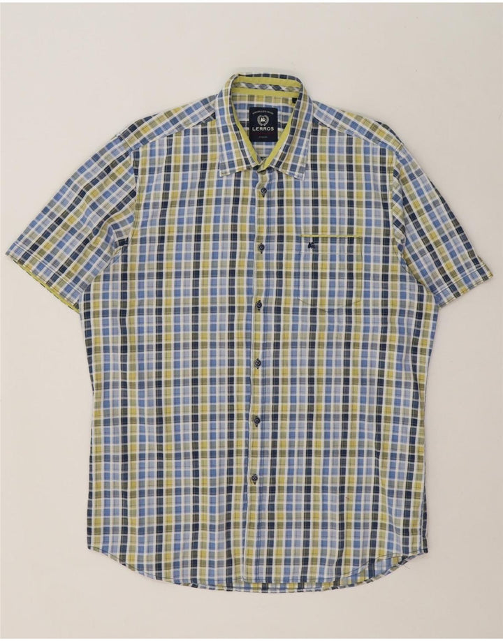 LERROS Mens Short Sleeve Shirt Large Blue Check Cotton Vintage Lerros and Second-Hand Lerros from Messina Hembry 
