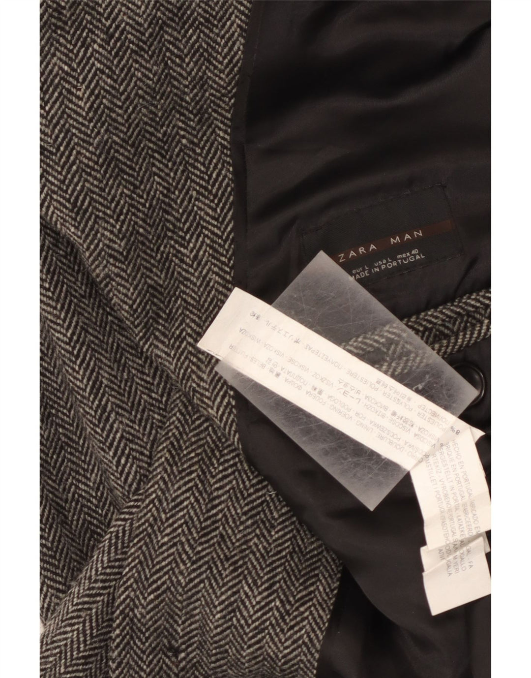 Zara Mens Longline Classic Fit Overcoat UK 40 Large Grey Herringbone