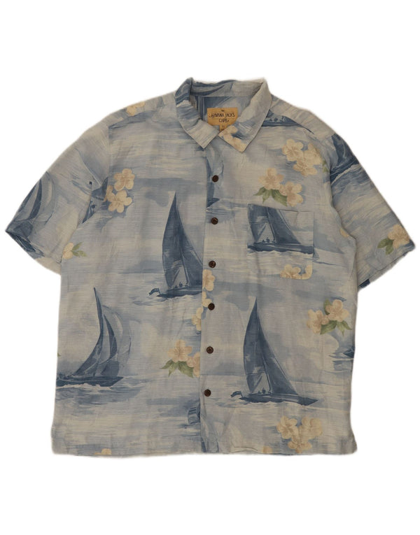 Camisa masculina vintage de manga curta XL azul floral seda