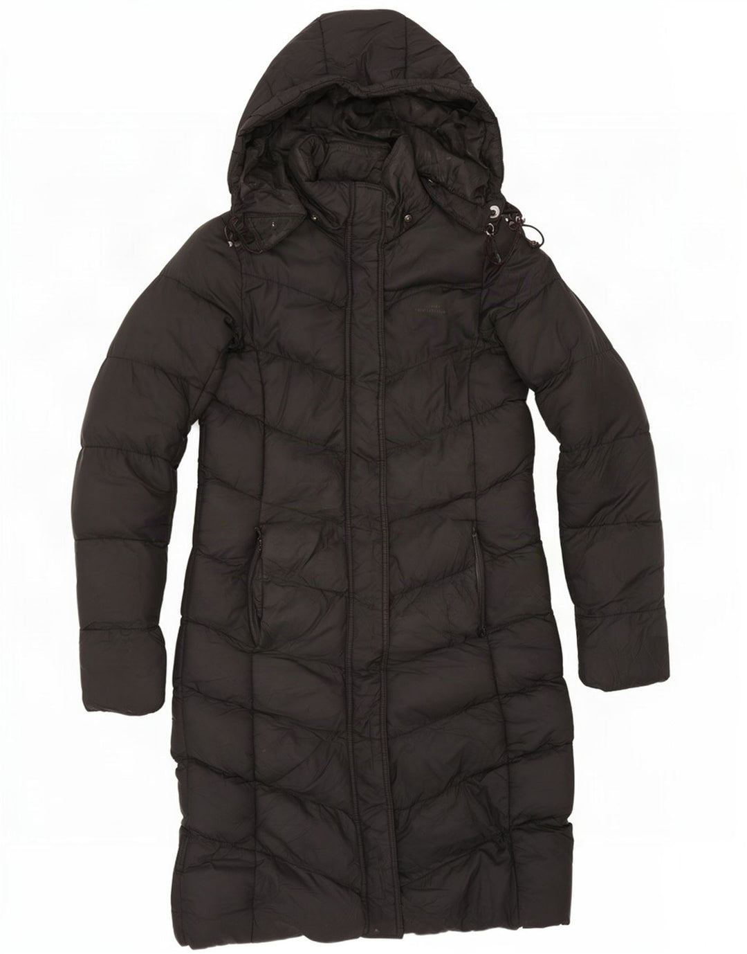 O revestimento acolchoado encapuçado Reino Unido 8 das mulheres do armazém da montanha poliéster preto pequeno