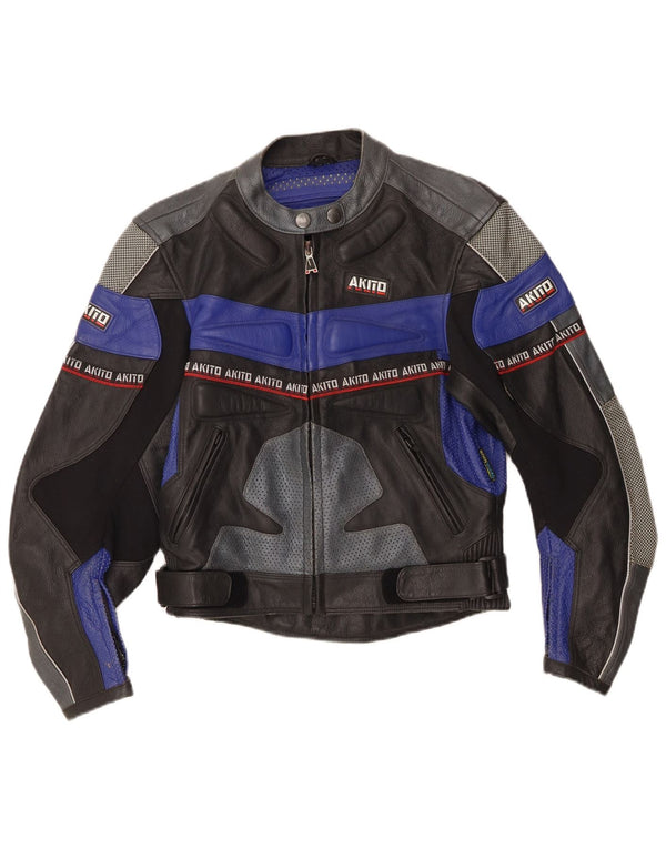 Akito Womens Graphic Læder Racer Jacket UK 12 Medium Black Colourblock