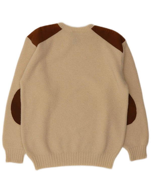 vintage Mens Crew Neck Jumper Pull Moyen Beige Colourblock Laine