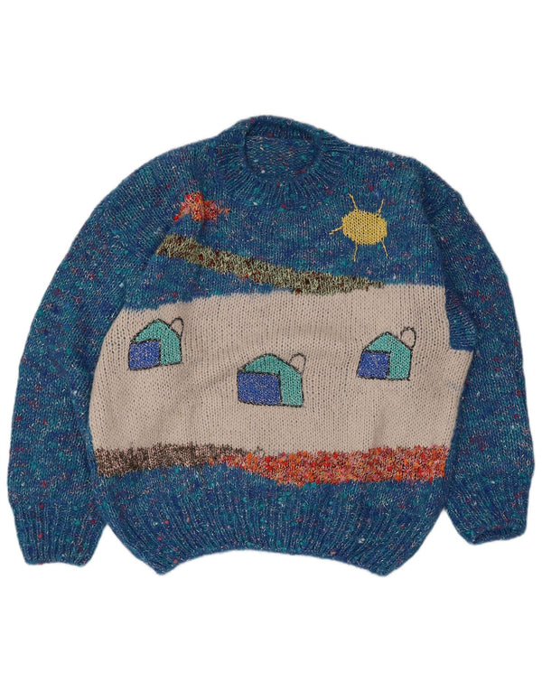 Vintage Damen Pullover mit grafischem Rundhalsausschnitt, Gr. 16, groß, blau gefleckt