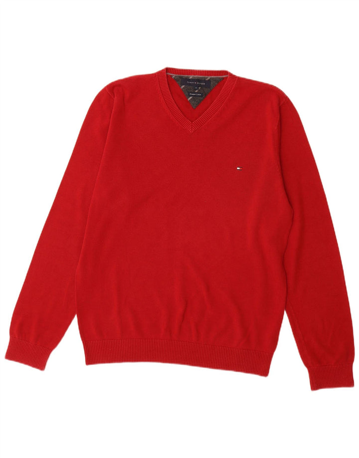 TOMMY HILFIGER Mens V-Neck Jumper Sweater Medium Red Cotton