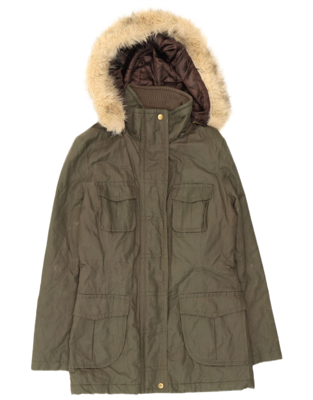 Marks & Spencer Womens Hooded Parka Jacket UK 12 Medium Khaki Cotton
