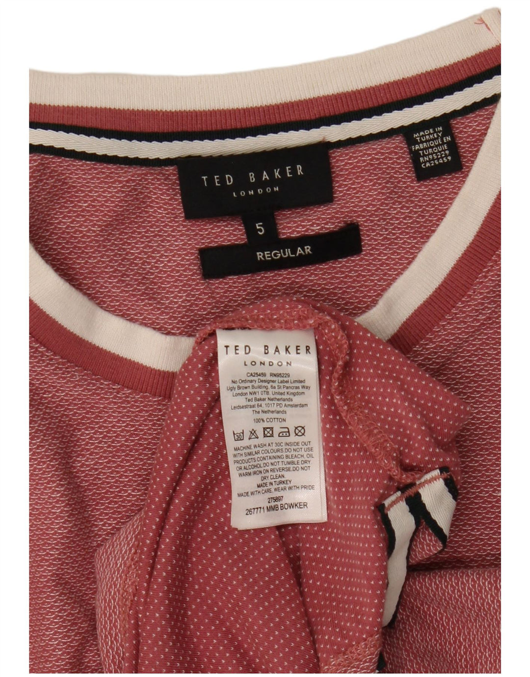 Ted Baker Herre Regular T-Shirt Top Størrelse 5 XL Pink Bomuld
