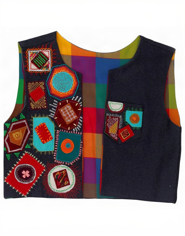 Gilet APERTO in denim vintage da donna UK 10 piccolo patchwork multicolore