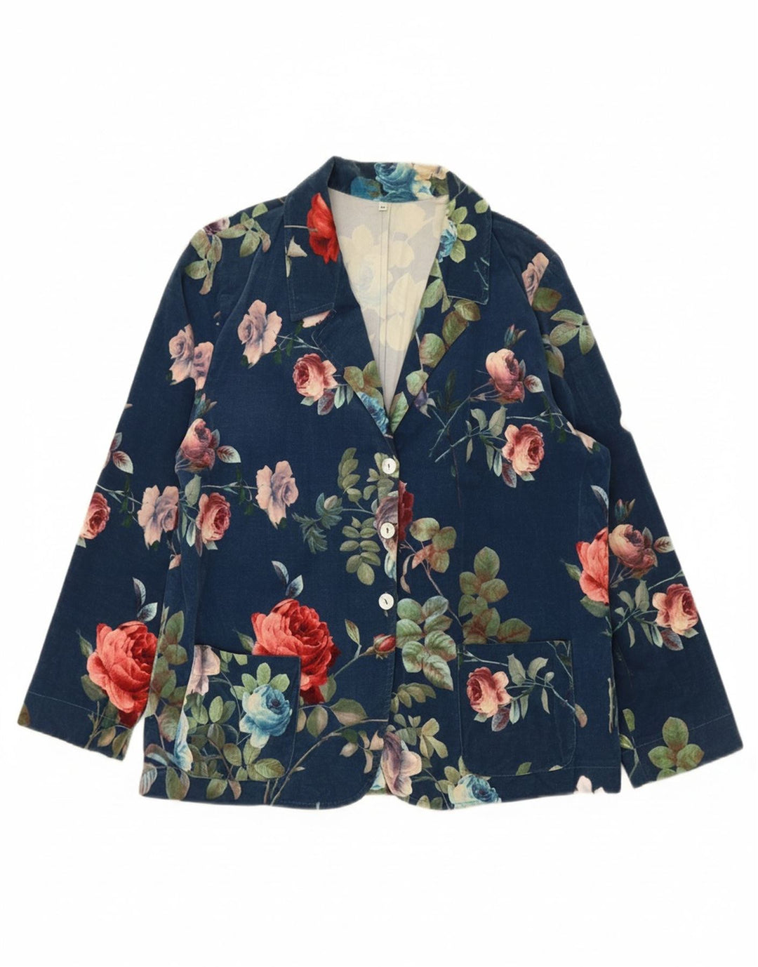 VINTAGE Womens 3 Button Blazer Jacket IT 48 XL Navy Blue Floral Vintage Vintage and Second-Hand Vintage from Messina Hembry 