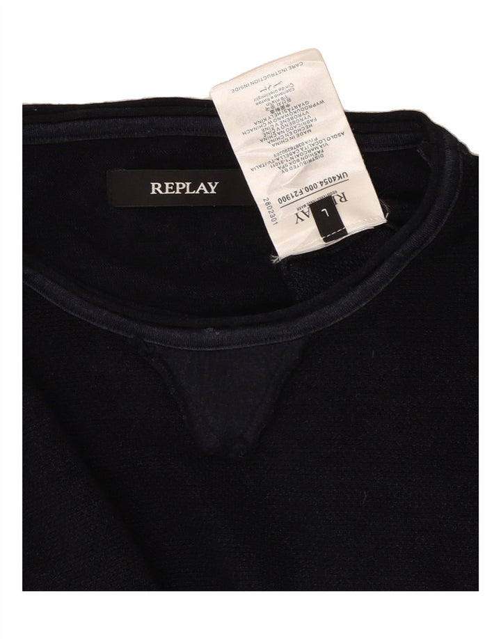 REPLAY Mens Crew Neck Jumper Sweater Large Navy Blue Wool Vintage Replay and Second-Hand Replay from Messina Hembry 