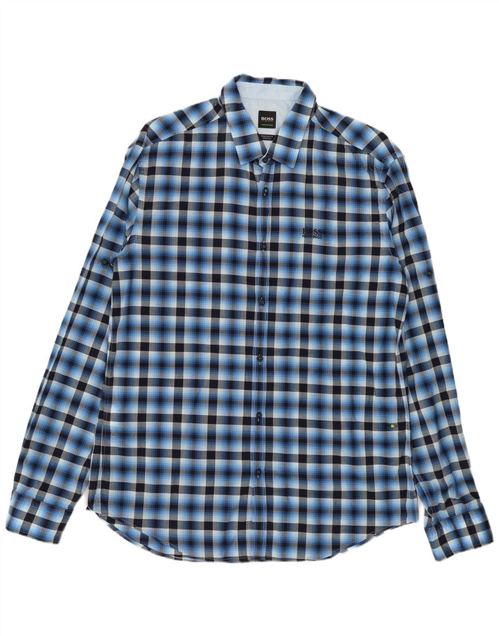 Hugo Boss Mens Stretch Regular Fit Shirt Large Blue Check Cotton
