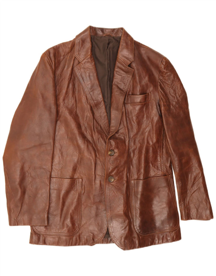 Giacca blazer in pelle vintage da uomo a 2 bottoni IT 44 XS in pelle marrone