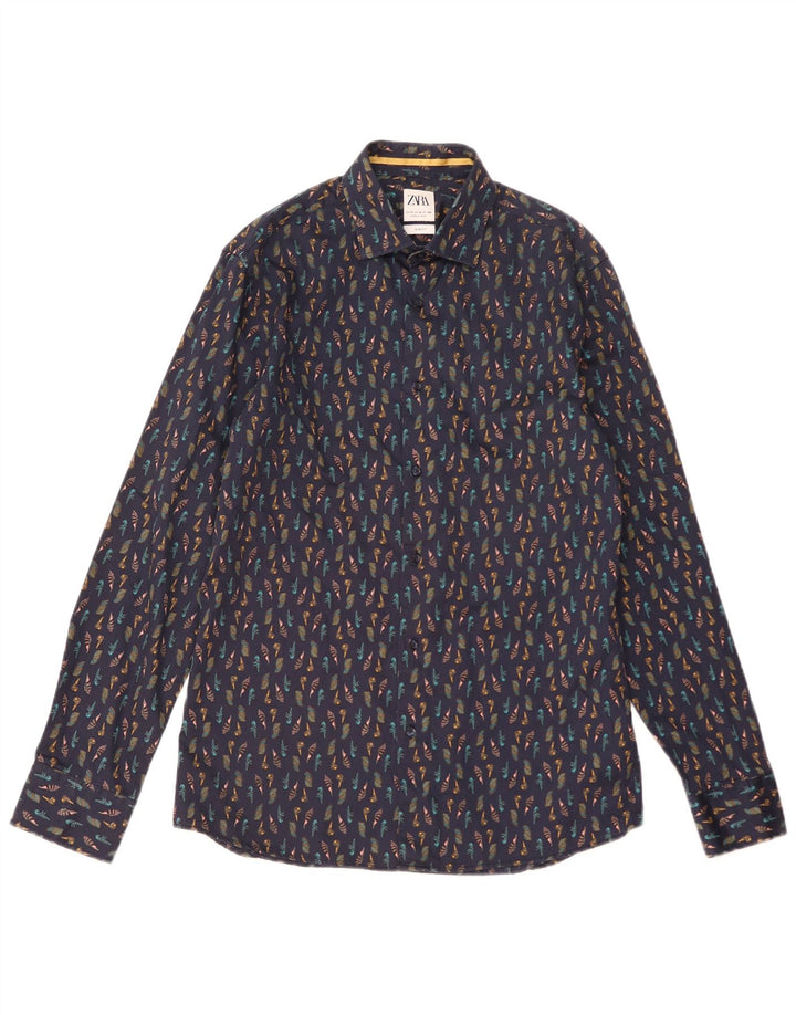 Zara Mens Abstract Pattern Slim Fit Shirt Medium Navy Blue