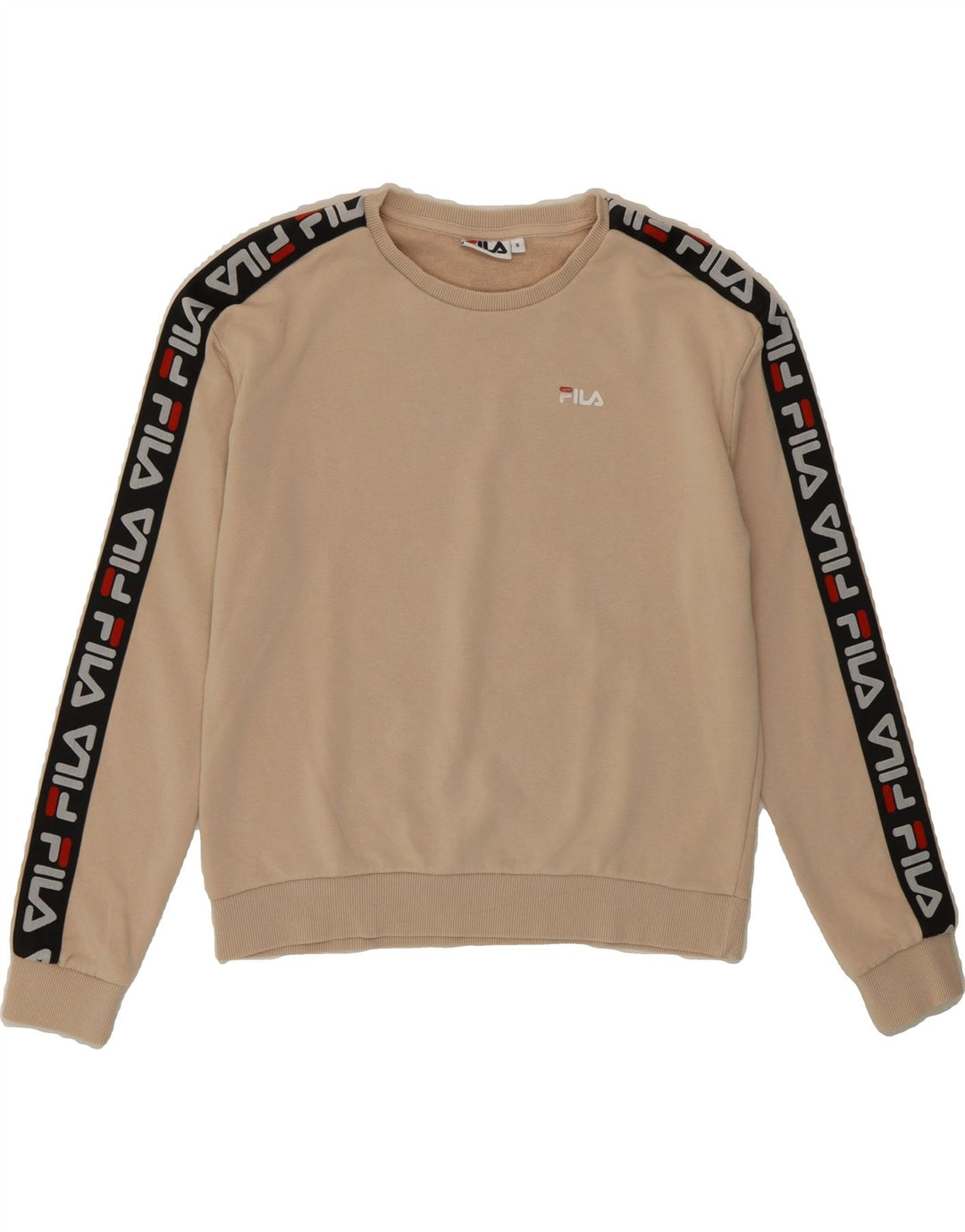 FILA Womens Oversized Sweatshirt Jumper UK 10 Small Beige Colourblock Vintage Fila and Second-Hand Fila from Messina Hembry 