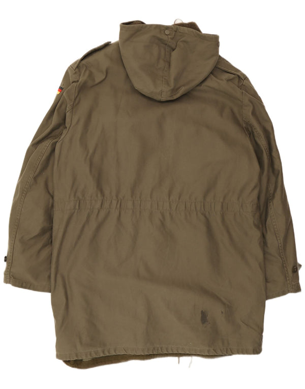 Giacca parka militare vintage da uomo con cappuccio UK 40 grande color kaki