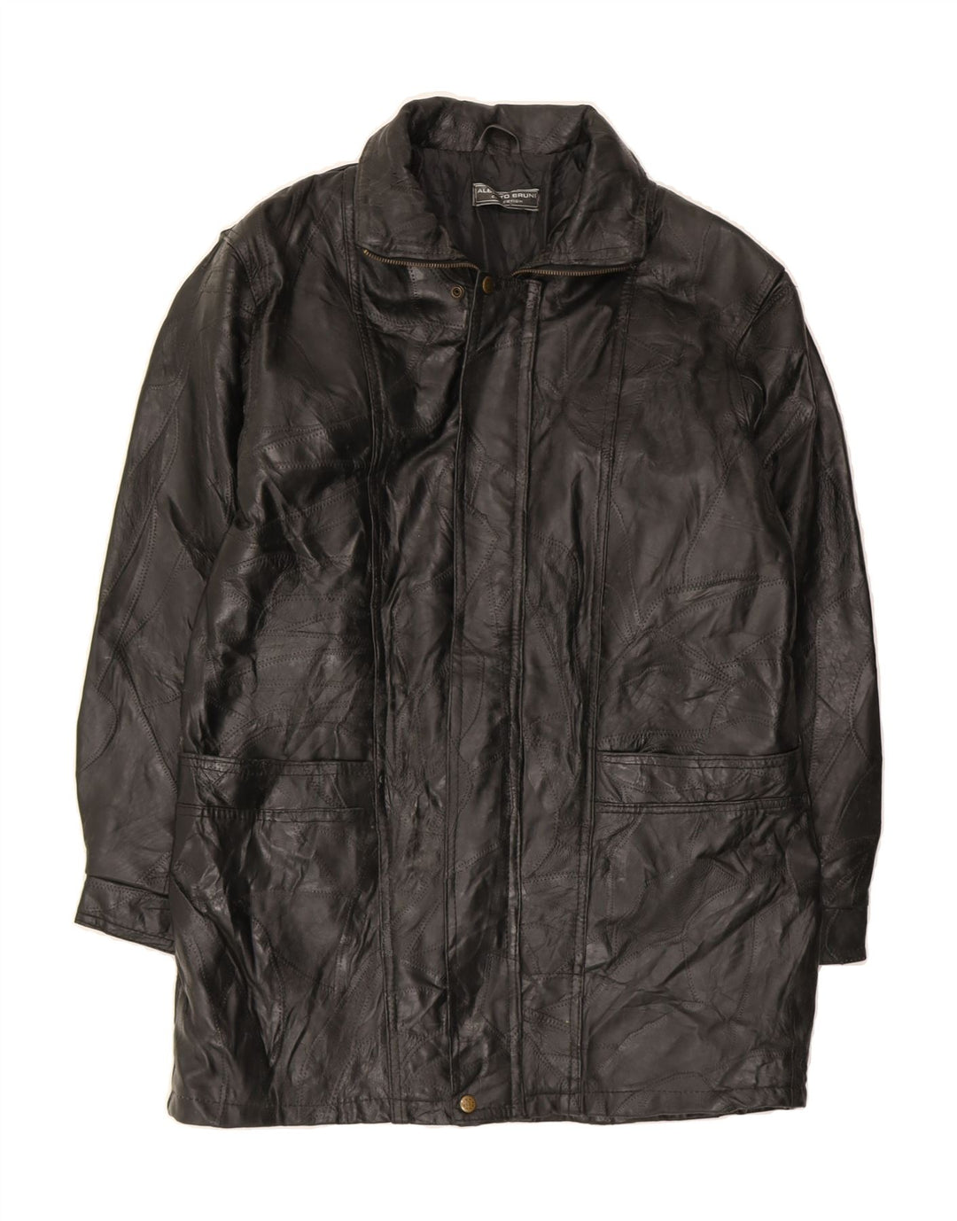 ALBERTO BRUNI Mens Leather Coat UK 40 Large Black Patchwork Vintage Alberto Bruni and Second-Hand Alberto Bruni from Messina Hembry 