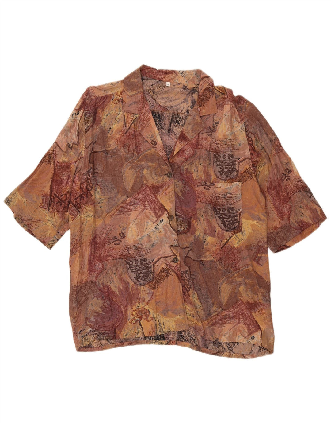 Camicia a maniche corte vintage da donna con motivo astratto UK 14 Marrone medio
