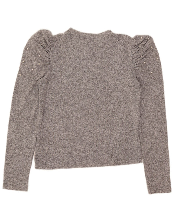 Zara Damen Crop Top Langarm UK 14 Large Grau meliert Viskose