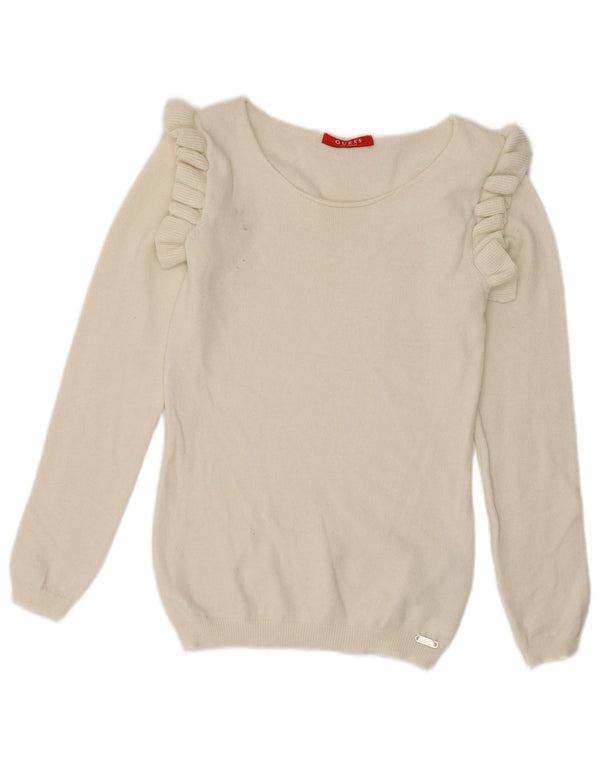Guess Maglione da donna con scollo a barchetta con volant UK 8 Small Viscosa bianca