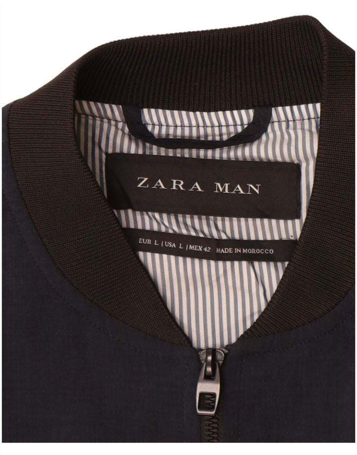 Zara Herre Bomber Jacket UK 40 Large Navy Blue Polyester