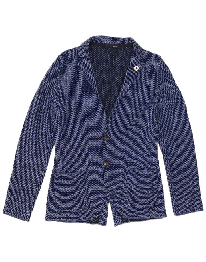 Sacou blazer pentru femei Lardini cu 2 nasturi UK 12, bumbac cu pete albastre medii