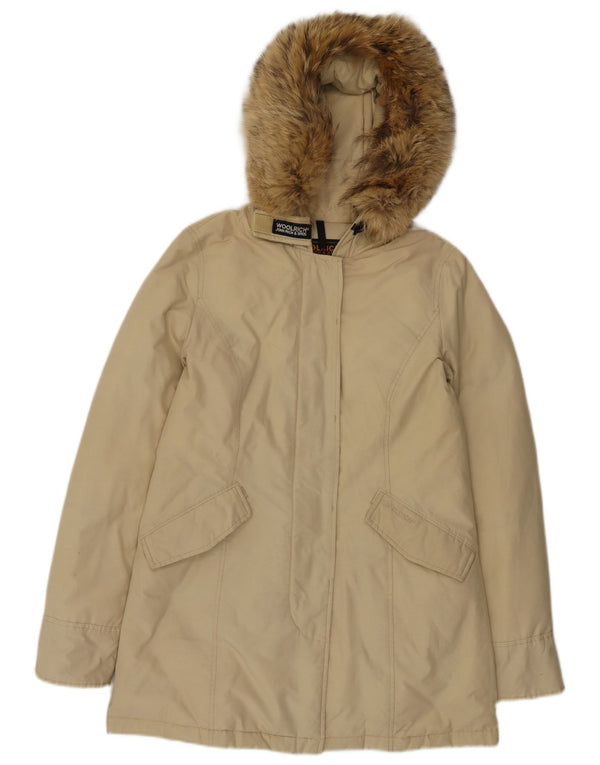 Casaco acolchoado com capuz feminino Woolrich Reino Unido 14 algodão bege médio
