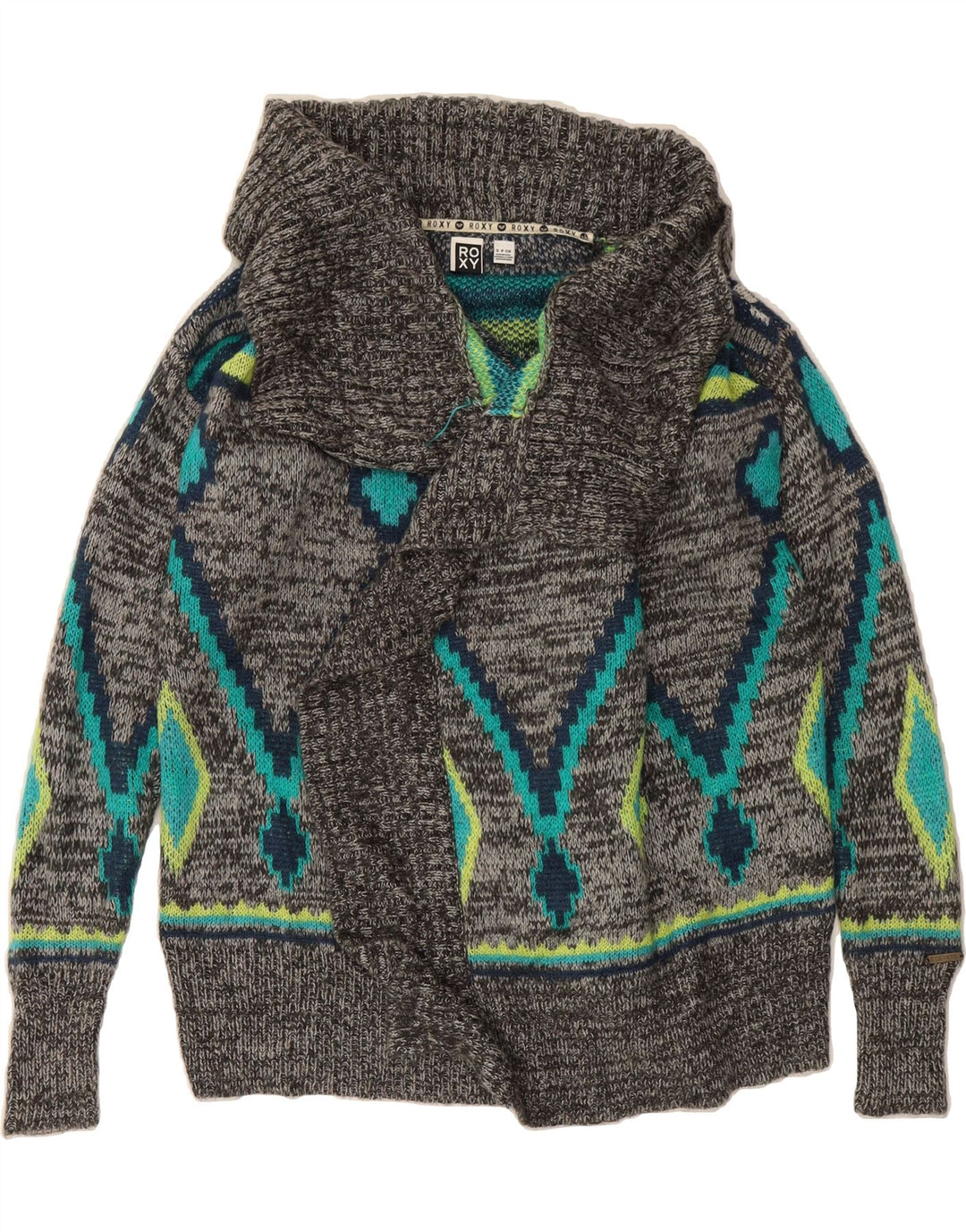 ROXY Womens Cardigan Sweater UK 10 Small Grey Argyle/Diamond Acrylic Vintage Roxy and Second-Hand Roxy from Messina Hembry 