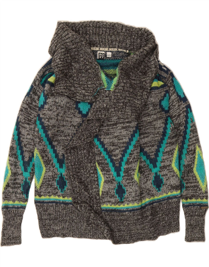 ROXY Womens Cardigan Sweater UK 10 Small Grey Argyle/Diamond Acrylic Vintage Roxy and Second-Hand Roxy from Messina Hembry 