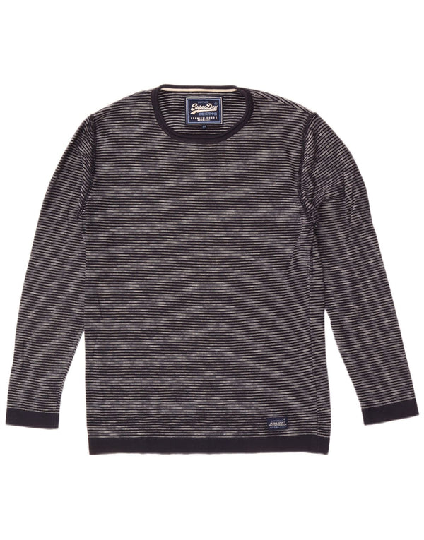 Superdry Mens Crew Neck Jumper Sweater Medium Navy Blue Pinstripe Cotton