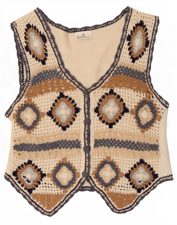 vintage Womens Crochet Gilet UK 10 Petit Off White Géométrique Ramie
