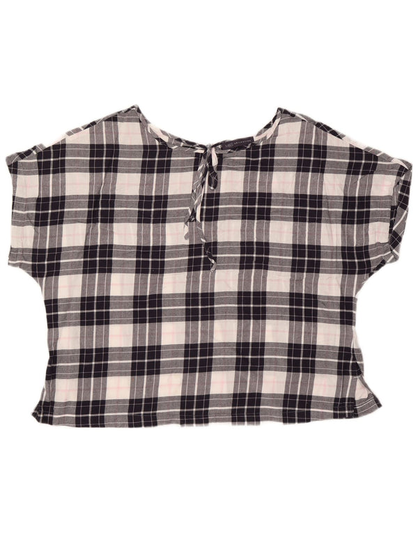 Marks & Spencer Womens Crop Blouse Top UK 18 XL Navy Blue Check Cotton