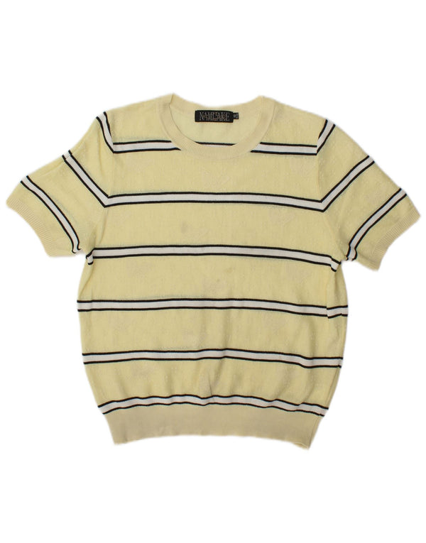Maglione maglione girocollo da donna vintage UK 14 a righe gialle medie
