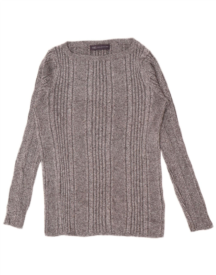 Marks & Spencer Womens Top Long Sleeve UK 14 Medium Grey Striped Viscose