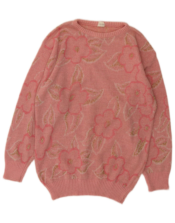 Pulover vintage pentru femei cu gât de barcă IT 42 Roz mediu Floral